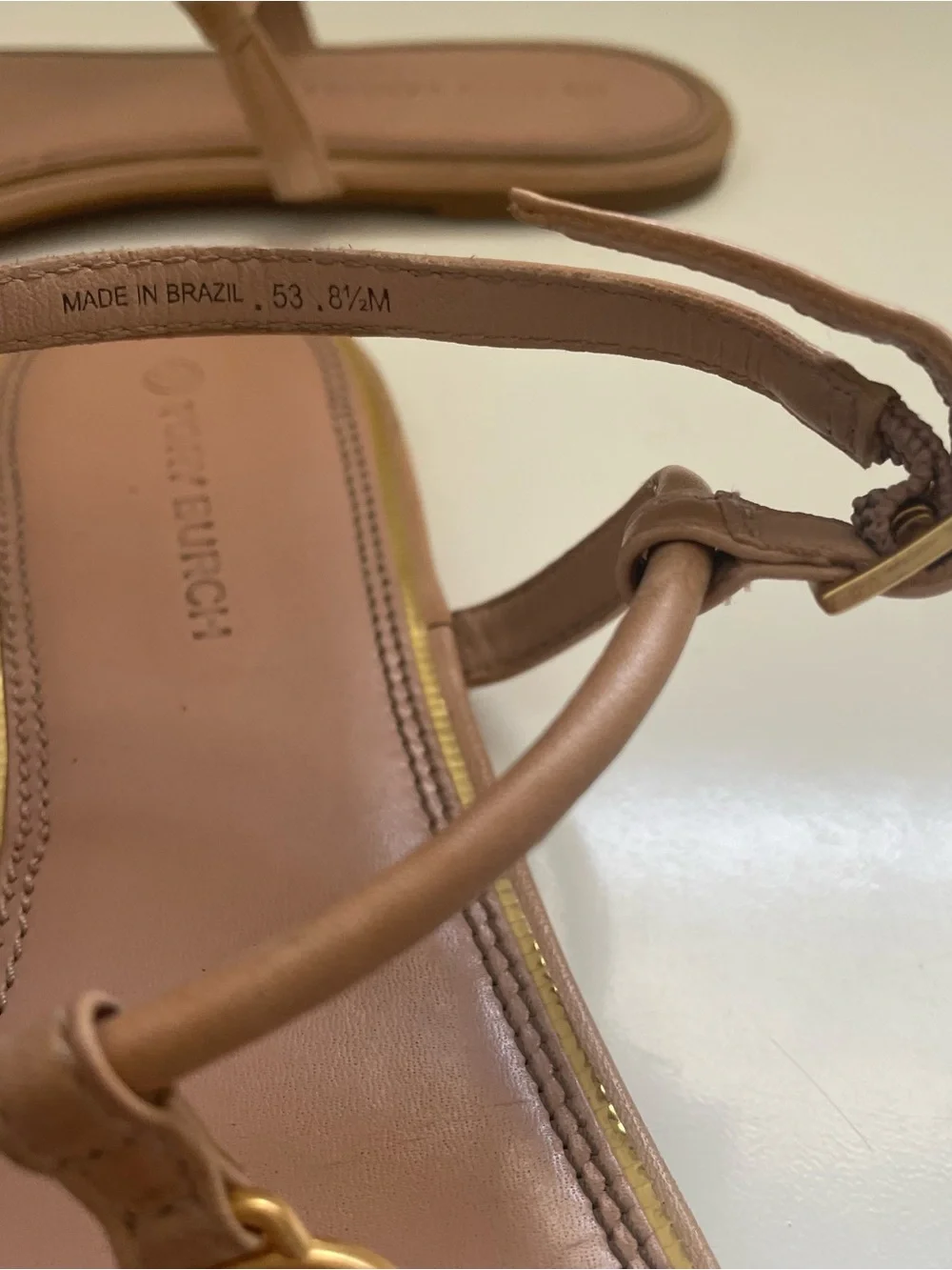 Tory Burch Tan Emmy Flat Leather Logo T-Strap Sandals with Gold Medallions